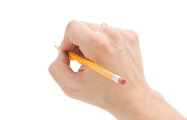 Hand schrijven met potlood geïsoleerd op een witte achtergrond