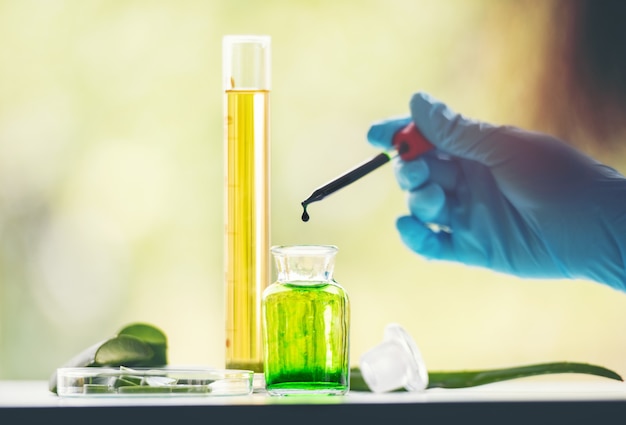 Hand of scientist working with Aloe vera and glass tube with green, yellow liquid inside in the laboratory. scientist concentrates to load stripe of PCR  tube samples for analysis