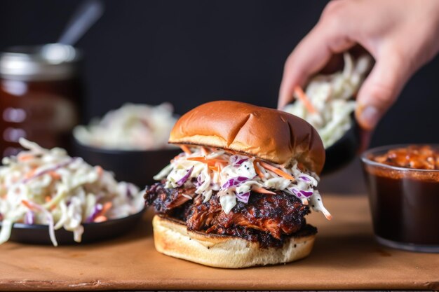 Photo hand scooping coleslaw beside a burnt ends sandwich