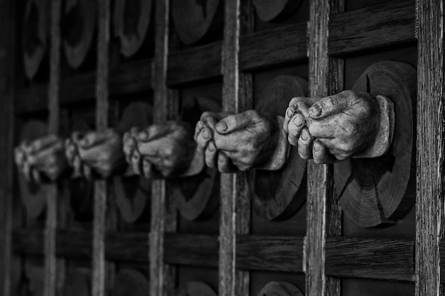 Photo hand sculptures in wooden wall