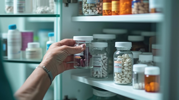 Hand selecting medication from a cabinet