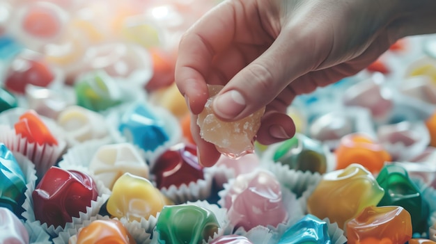 Hand selecting piece of candy from assortment colorful wrapped sweets