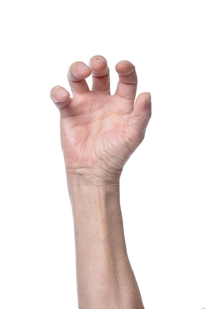 Hand of senior woman on white background