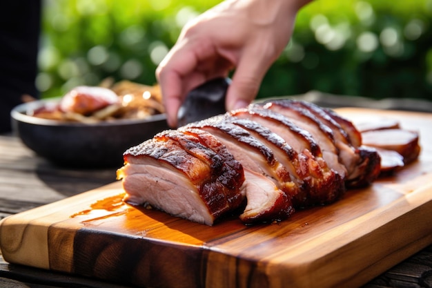 Hand serving grilled pork belly on a wooden plate