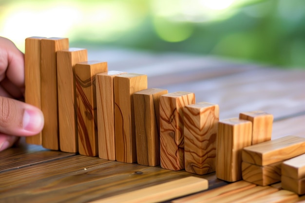 Foto metti a mano i domino di legno in fila