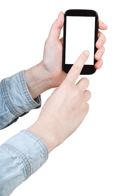 Hand in shirt clicking smartphone isolated