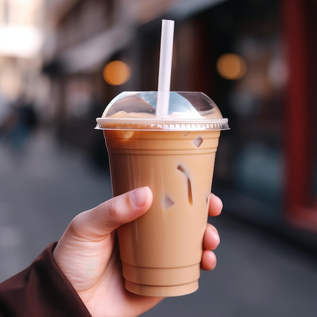 Hand showing fresh ice coffee cup