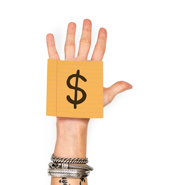 Photo hand showing a sticky note with a dollar sign