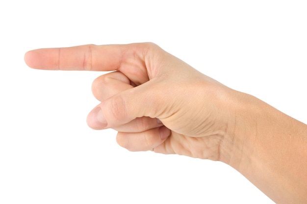 白い背景で隔離された人差し指を伸ばした状態でボタンなどを押すことをシミュレートする手。