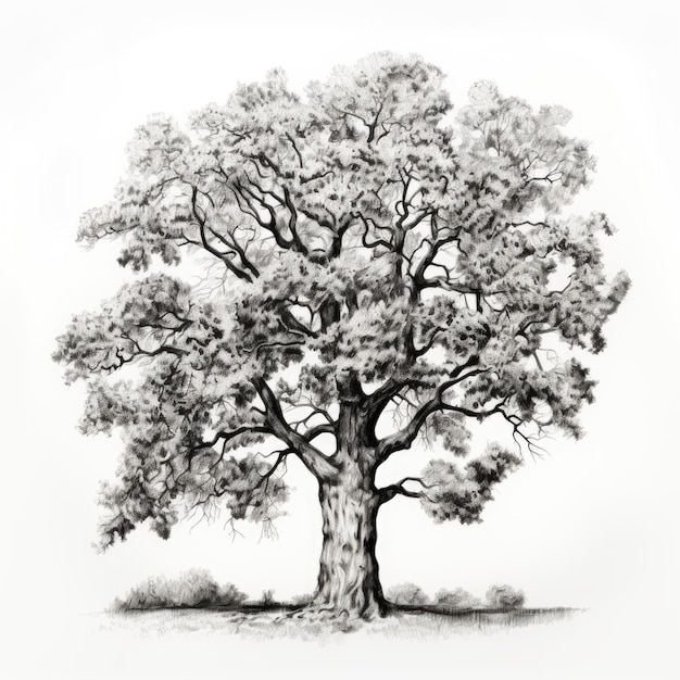 Hand sketch of oak tree black and white illustration