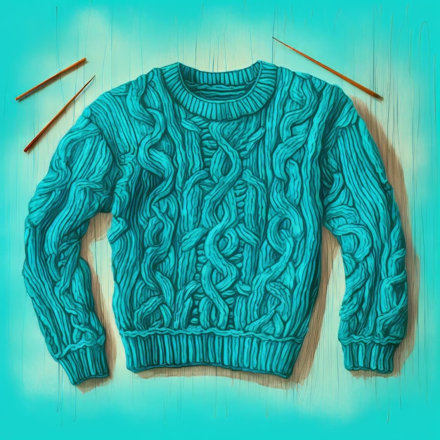 Hand Sketched Sweater On Bright Turquoise Background In Unique Style