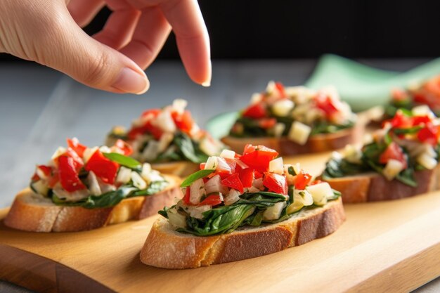 Foto bruschette croccanti tagliate a mano con spinaci e carciofi