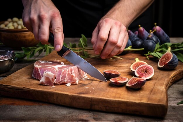 Hand slicing ripe figs down on wooden board