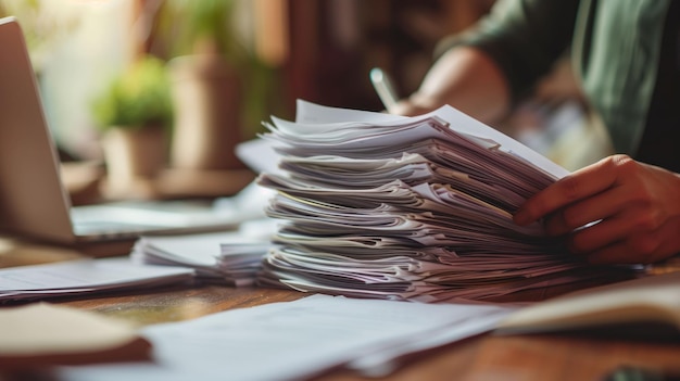 Hand sorting through mountains of paperwork on a desk