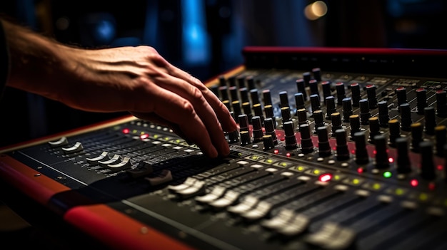 hand of a sound engineer adjusting the sound of the engine mixers close