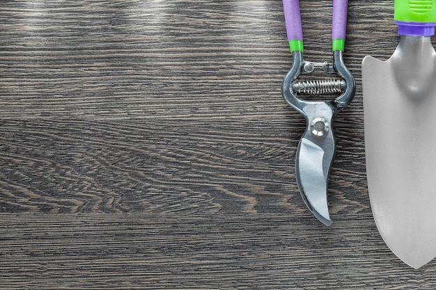 Hand spade pruning shears on wooden board.