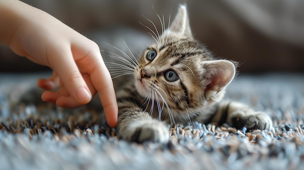 Hand spelen met de kat op een bank