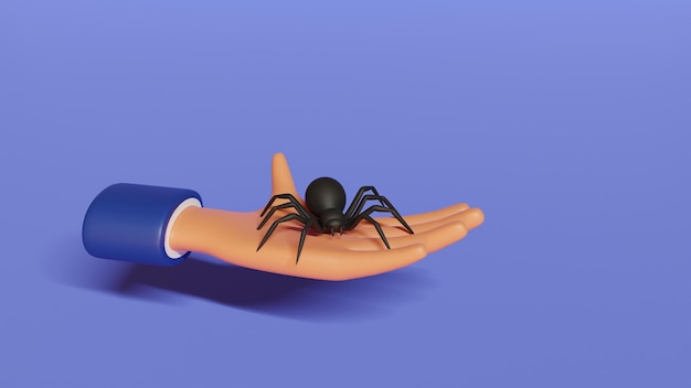 Photo hand and spider. stylized 3d illustration for halloween.
