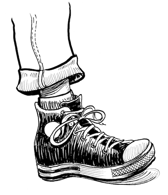 Hand in sport shoe. Ink black and white drawing