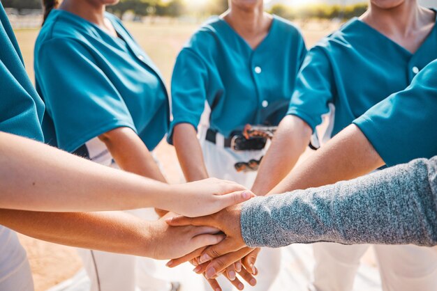 Hand Sports And Teamwork With A Sport Team Putting Their Hands In A Huddle While Standing In A Circle Outdoor On A Field Collaboration Goal And Motivation With A Group Of Women Training For A Game