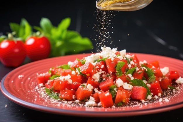 Foto spruzzare a mano fiocchi di peperoncino su melone d'acqua e insalata di feta