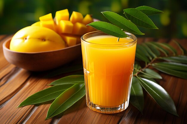 Рука сжимает зрелое манго с соком, протекающим на стакан с кусочком манго