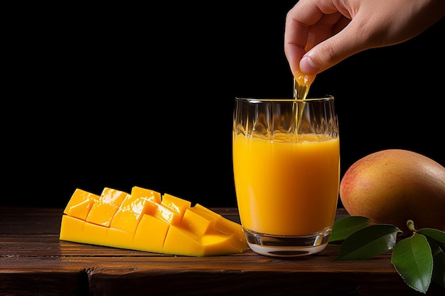 A hand squeezing a ripe mango with juice flowing onto a glass with a slice of mango