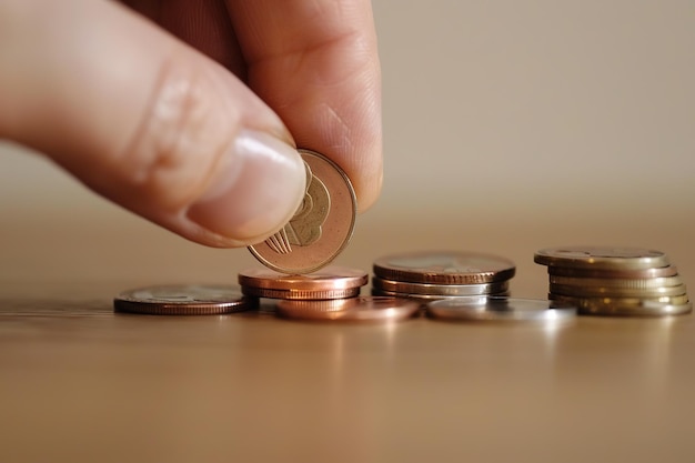 A hand stacking coins symbolizing financial growth and savings