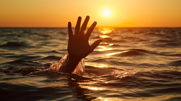 The hand sticks out from under the water into the sea and shows the gesture Help Five fingers pa