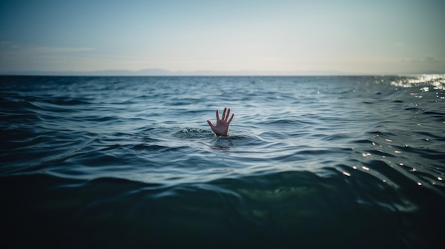 The hand sticks out from under the water into the sea and shows the gesture Help Five fingers pa