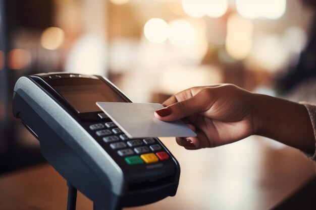 Hand swiping card on payment terminal Concept of digital transaction convenience