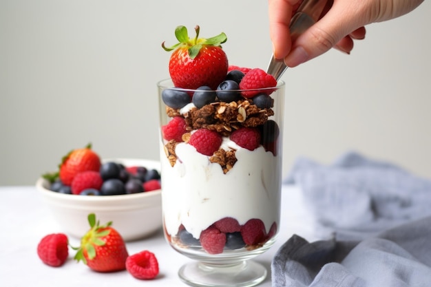 Hand swirling a spoon in a parfait glass filled with greek yogurt and berries