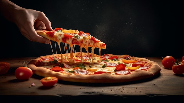 A hand takes a slice of pizza from a pizza.