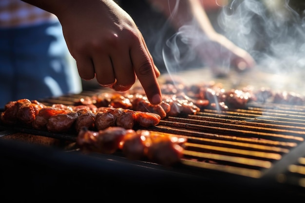 Hand taking hot sausage off the grill smoke rising