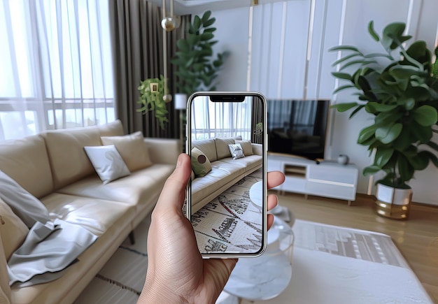Hand taking photo of sofa with smartphone in living room at home