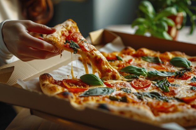 Hand taking a slice of fresh pizza with melting cheese tomatoes and basil from a pizza box