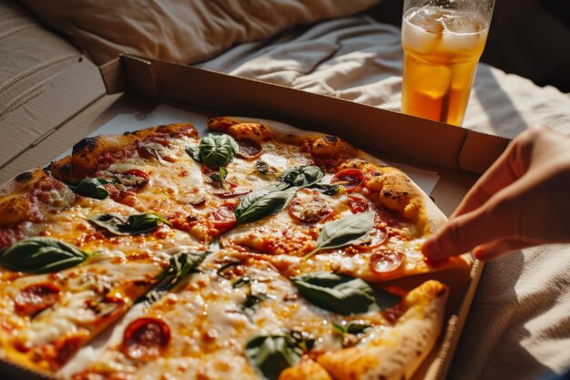 Hand taking a slice of pizza from a box with a glass of soda on the side in natural sunlight