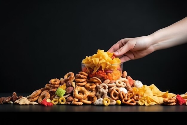 Hand taking some chips potatoes from a table full of junk food