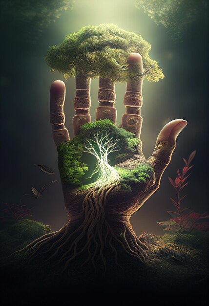 a hand that has a tree on it