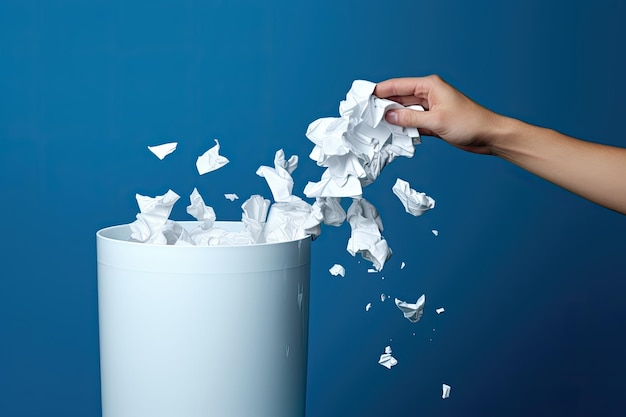 Hand throwing crumpled paper into a recycle bin blue background Generative AI