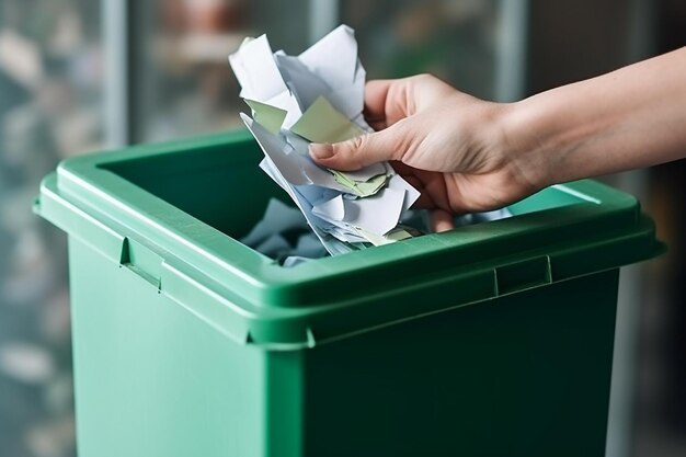 Foto gettare a mano la carta arrugginita nel cestino del riciclaggiogenerative ai