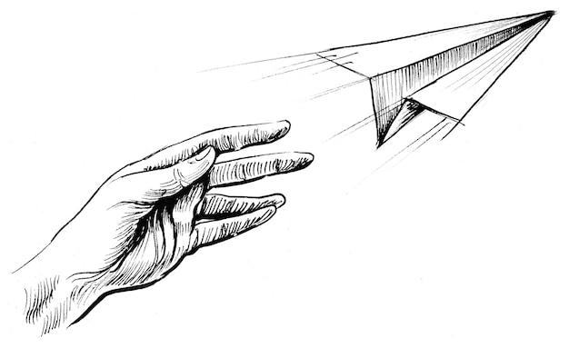 hand throwing paper plane. Ink black and white drawing