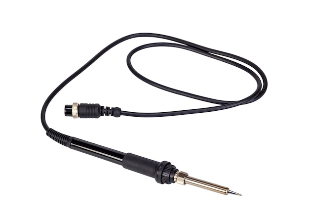 Hand tool soldering iron with the black handle isolated on a white background.