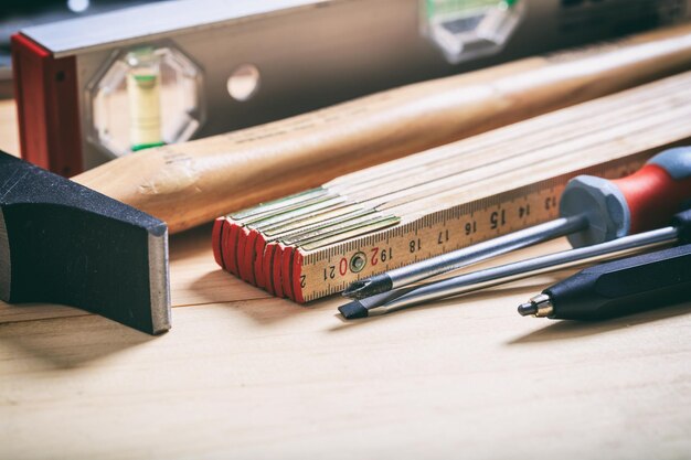 Photo hand tools on wooden background