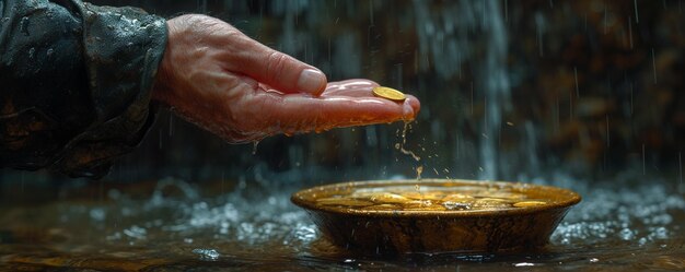 Photo hand tossing a coin into well for good luck wallpaper