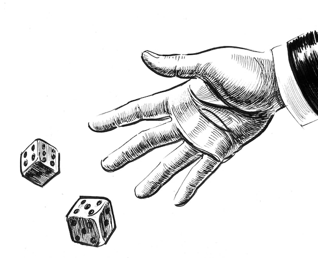 Photo hand tossing dices. ink black and white drawing