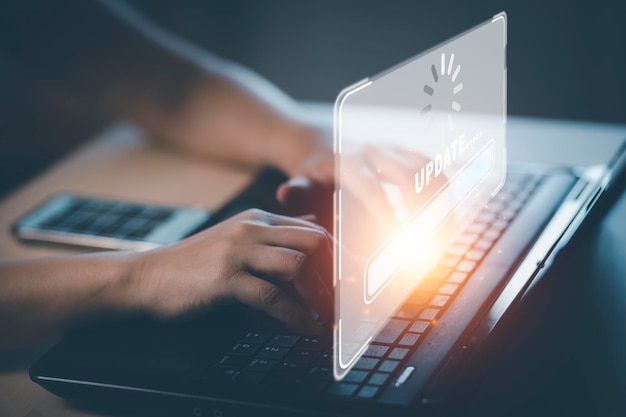 hand touch bar of update software computer program upgrade business technology internet update on virtual screen internet and technology concept loading bar with installing the update