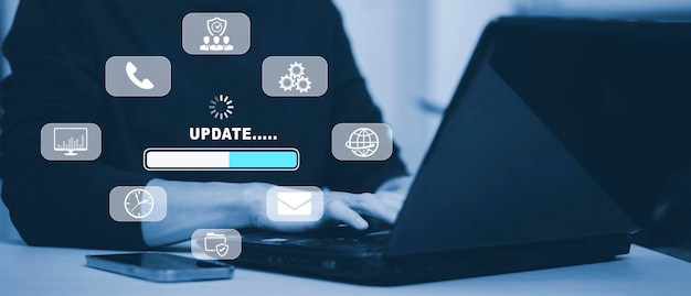 hand touch bar of update software computer program upgrade business technology internet update on virtual screen internet and technology concept loading bar with installing the update