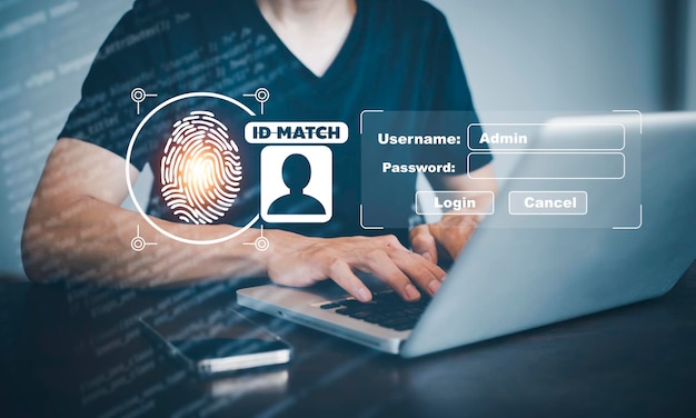 Foto impronta digitale touch con globale virtuale con sicurezza informatica accesso sicurezza delle informazioni di identificazione dell'utente e crittografia accesso sicuro alle informazioni personali degli utenti accesso a internet sicuro