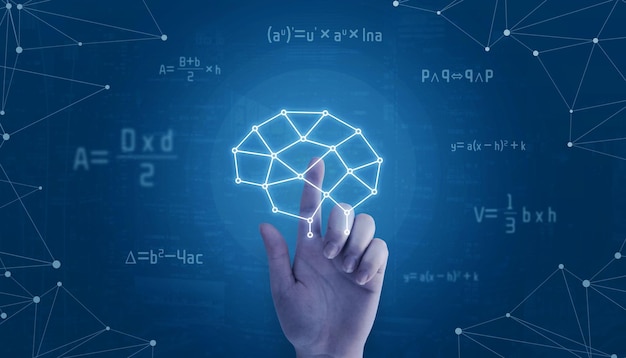 Hand touch network brain concept surrounded with math formulas and network threads